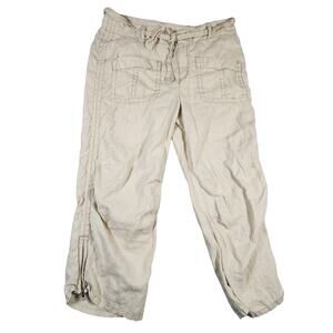 Tommy Hilfiger Sz 10 Y2k Tan 100% Linen Crop Tie Waist‎ Low Rise Zip Leg Pants